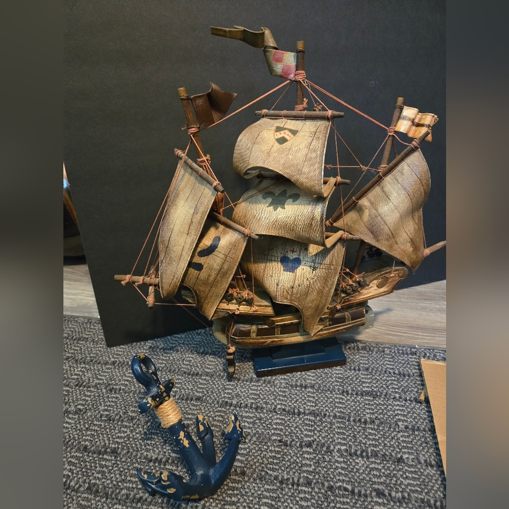 Vintage Wooden Ship Model with Anchor. Also Had Metal Blue Anchor As A Set.